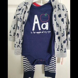 NWT 🍎 Child's Back to School 3-piece Outfit 6-9 Months A Is for Apple of My Eye